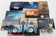 Diverse group of Australian coin issues, including 1966 round 50c, 2009 "40th Anniversary Of Moon Landing" carded coloured uncirculated 50c, 2012 ANDA Capital Town Halls antiqued $5 Brisbane/Perth, 2012 "Australian Wheat - Fields of Gold" two-coin proof s