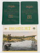 1964 Australian Souvenir Coin Wallet (by BP Petrol) with uncirculated 1963-64 coins; a 1966 BP Wallet with uncirculated 1966 coins; and a 1988 carded Uncirculated set. (3 items).
