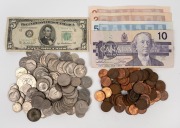 United States of America: A 1940s-80s accumulation, value to $1, plus a $5 note and $19 in Canadian banknotes; total weight 750+ grams.