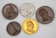 A group of five English medals comprising of 1806 Death of Charles Fox (gilt bronze); 1833 Death of the Earl of Plymouth (bronze, 50mm);1846 Treaty of Lahore / Sir Henry Hardinge (bronze, 48mm); 1859 Death of Henry Hallam (bronze, 63mm); and 1897 Victoria