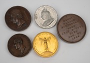 A group of five English medals comprising of 1806 Death of Charles Fox (gilt bronze); 1833 Death of the Earl of Plymouth (bronze, 50mm);1846 Treaty of Lahore / Sir Henry Hardinge (bronze, 48mm); 1859 Death of Henry Hallam (bronze, 63mm); and 1897 Victoria - 2