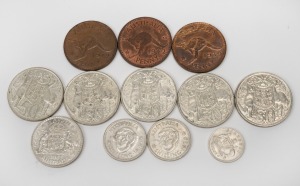 Pre-decimal group (all superior grades) comprising 1943 florin, 1939 & 1942 shillings, 1941 sixpence, and 1939 & 1942 (2) pennies, together with five 1966 round 50c coins (mixed condition). (12 items)