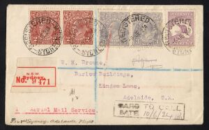 Aerophilately & Flight Covers: 7 June 1924 (AAMC.72) Sydney - Adelaide registered cover, flown by A.A.S. on their inaugural service via Mildura, Hay, Narrandra and Cootamundra. Cat.$550.