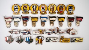 PETROL STATION BADGES: Group of twenty-nine VFL club pin badges, each with petroleum company branding e.g. Ampol, BP, Mobil, and Shell. (29 items)