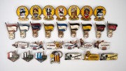 PETROL STATION BADGES: Group of twenty-nine VFL club pin badges, each with petroleum company branding e.g. Ampol, BP, Mobil, and Shell. (29 items)