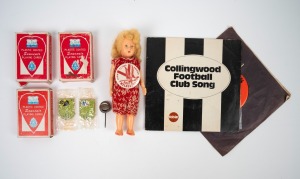 CIRCA 1970s BRANDED ITEMS: Group of items including rare Denzil Don Football Club stick pin, two still-sealed cereal box toys (Tigers & Demons), three sets of playing cards, and others. (9 items)