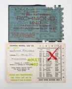 RICHMOND: 1940 member's season ticket, with list of fixtures and holes for each game attended, plus 1980 premiership year season ticket. (2 items) - 3