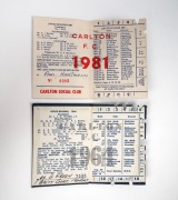 CARLTON: Member's season tickets for 1964 and 1981 (Premiership year), each with fixture list and holes punched for each game attended. (2 items) - 2