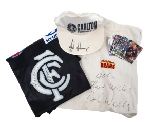 CARLTON SIGNED ITEMS: Group comprising Carlton jumper signed by both Sergio and Stephen Silvagni, Carlton cap signed by Stephen Silvagni, seven 2000s signed Carlton trading cards (mostly Select), plus Brisbane Bears polo signed by Robert Walls. (10 items)