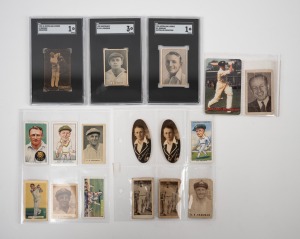 303 · DON BRADMAN: Cigarette/trade card selection, including 1931 W.A. & A.C. Churchman "Sporting Celebrities" #15, 1932 Allen's Steam Rollers "Bradman's Records" #13 (x2), 1932 Grey's "Test Cricketers" #17, 1933 Turf "Personality Series" #76, 1934 Dudgeon & Arnell's "Australian Test Team" #2, 1935 Carreras "Popular Personalities" #56 (x2), 1938 John Player & Sons "Cricketers" #38, and others; mixed condition. (17 items)