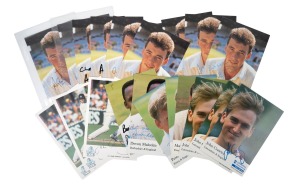 ENGLISH TEST CRICKETERS: A duplicated range of promotional photo-cards, all signed in ink by the relevant player: Angus Fraser (11), Devon Malcolm (2), Peter Such (2), Mark Ilott (1), John Crawley (6); all in excellent condition. (Total: 22)