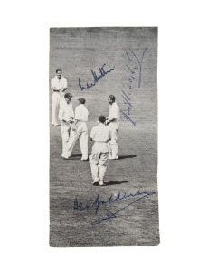 Don Bradman, Len Hutton & Joe Hardstaff pen-signed magazine picture depicting Hutton being congratulated on making 364 during the Fifth Test at Kennington Oval, August 1938.