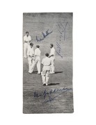 Don Bradman, Len Hutton & Joe Hardstaff pen-signed magazine picture depicting Hutton being congratulated on making 364 during the Fifth Test at Kennington Oval, August 1938.
