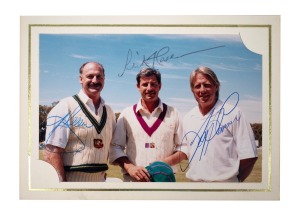 Circa 1990 9.5 x 14.5cm colour photograph signed by Dennis Lillee, Richard Hadlee, and Jeff Thomson.