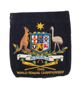 1966 WORLD ROWING CHAMPIONSHIP: An Australian team pocket patch, with the Australian Coat of Arms and "1966 WORLD ROWING CHAMPIONSHIP" embroidered on the black cloth; superb condition and particularly rare. Australia sent a small team to the 2nd World 