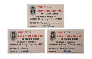 MELBOURNE 1956 OLYMPICS - DAILY STAFF DUTY PASSES: Three passes for admission to the M.C.G. on Saturday the 8th of December 1956, "For Duties As Accountant/Secretary/Secretary-Accountant". Rare.