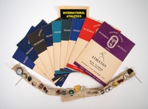 1956 MELBOURNE: A group of Official Programmes, mainly Athletics, but also noted Boxing (27th Nov.) and Canoeing (Lake Wendouree); together with a number of team badges or pins including INDIA, GERMANY, CHILE, CHINA, FRANCE, RUSSIA, JAPAN, etc. (9 programmes, 19 badges)
