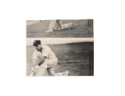 Don Bradman (batting) and Leslie Ames (wicket keeping), both signed in ink to a small magazine picture depicting Bradman's follow-through as Ames watches the ball run to the boundary. - 2