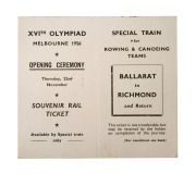 VICTORIAN RAILWAYS SOUVENIR TICKET - MELBOURNE 1956 OLYMPICS OPENING CEREMONY: Ticket issued to Olympians housed at the Lake Wendouree Olympic Village in order to facilitate their attendance at the Opening Ceremony held at the M.C.G., with text "Special T