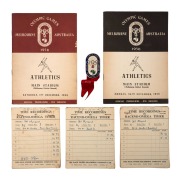 1956 MELBOURNE: OFFICIAL BADGE FOR ATHLETICS OFFICIAL, by K.G.Luke, with blue enamel border, silver background and original red ribbon with "ATHLETICS", numbered "2074" on reverse; together with two special Athletics Programmes (26th November and 1st Dece - 2