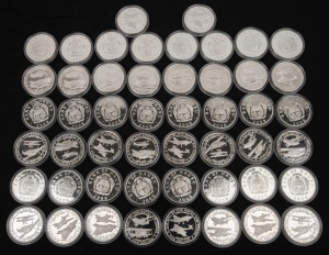 NAURU: SILVER PROOFS - HISTORY OF THE ROYAL AIR FORCE: Group of fifty Nauru 2008 $5 coins, each 28.28g sterling silver, all in coin capsules, comprising Sopwith Camel (11), Panavia Tornado (10), Handley Page Halifax (10), De Havilland Tiger Moth (10), and