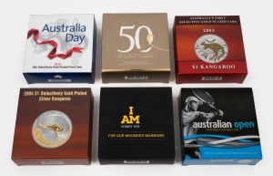 SELECTIVELY GOLD-PLATED SILVER: Group of six RAM coins, all in presentation cases with box and CoA, comprising 2003 $1 Kangaroo, 2004 $1 Kangaroo, 2010 50c Australia Day, 2012 $2 Australian Open 100th Men's Champion, 2016 50c Fiftieth Anniversary Of Decimal Currency, and 2018 $5 Invictus Games (#1188/2018).