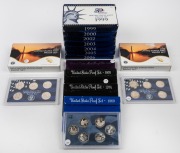 United States of America: U.S. MINT PROOFS: Group of thirteen year sets, comprising 1969, 1974, 1976, 1993, 1999-2000, 2002-2006, 2014, and 2016, plus 2001/2001/2009 State Quarters proofs. (16 items)