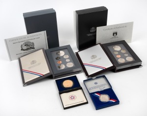 United States of America: U.S. MINT PROOFS: 1989 and 1991 Prestige Sets, both in case with box and CoA, together with 1974 Bicentennial Commemorative Medal (in case) and 1986 Liberty Half Dollar (in box). (4 items)