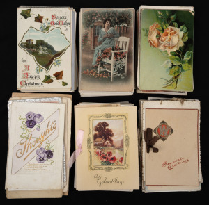 THEMATIC POSTCARDS - GREETINGS: Group of more than two hundred and sixty mostly early 1900s cards (mainly printed in Europe), including birthday, Christmas, New Year, best wishes, and religious types, as well as some greeting cards. (260+ items)