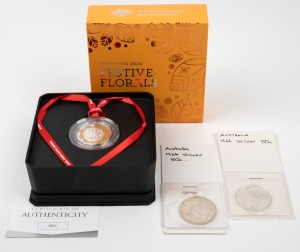ELIZABETH II, 1966, fifty cents (2), together with 2024 50c "Festive Florals" 18.24g silver proof coin in maker's box with CoA. (3 items)