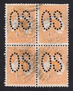 Kangaroos - First Watermark: 4d Orange, perforated Large OS, commercially used blk.(4); attractively centred; minor faults. Scarce multiple.