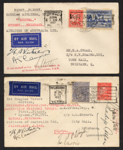 Aerophilately & Flight Covers: 2 August 1937 (AAMC.747 & 748) Brisbane - Sydney and return flown covers, carried on the inaugural ANA flights by the Douglas DC2 "Kyeema"; both covers signed by the captains, Cameron and Virtue and other crew members. (2).