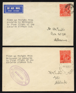 Aerophilately & Flight Covers: 29-30 October 1935 (AAMC.551-2) Adelaide - Melbourne and return, first flight covers carried by Adelaide Airways Ltd on their inaugural service via Mt. Gambier in a Short Scoin VH-UUT. [Only 40 and 50 covers carried respecti