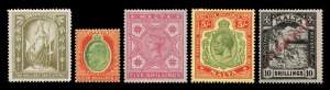 MALTA: 1882 - 1969 collection in a red KA-BE hingeless album with slipcase. Includes 1886 5/- rose, 1889 2/6 olive-grey, 1911 5/- Edward VII, 1914-17 2/- and 5/- KGV, 1922 2/- KGV, 1922 Self Government 2/- and 5/- KGV & 10/- black, 1922 10/- slate-grey & 