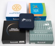 SILVER PROOFS: Group of coins all in maker's box with CoA, comprising 2000 $1 "Paralympic Celebration" (20.3g), 2006 $5 "Melbourne 2006 City of Sport" (1oz), 2021 $5 "Centenary Of Rotary In Australia" (1oz), 2022 $5 "Wallal Centenary" (1oz), and 2022 $1 "