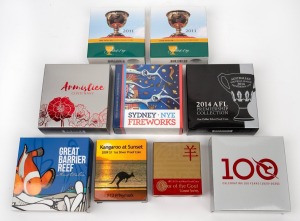ONE DOLLAR SILVER PROOFS: Group of nine RAM silver coins, all in presentation case with box and CoA, comprising 2009 Kangaroo at Sunset, 2011 Presidents Cup (coloured and uncoloured), 2014 Sydney NYE Fireworks (holographic), 2014 AFL Premiership, 2015 Great Barrier Reef (coloured), 2015 Year of the Goat, 2018 Armistice Centenary, and 2020 Qantas 100 Years.