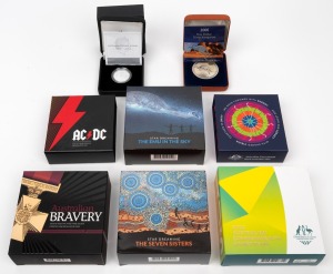 Group of eight RAM uncirculated silver coin issues, all in presentation cases with CoA, comprising 2006 Kangaroo $1, 2014 Australian Decimal Effigies $1, 2015 Australian Bravery $5 (gold-plated), 2018 Gold Coast $1, 2020 Emu In The Sky $1 (coloured), 2020 Seven Sisters $1 (coloured), 2021 AC/DC $1, and 2022 Australian Commonwealth Games Team $1.
