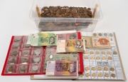 Mainly Australian coins in a plastic tub and in two albums, incl. 50c rounds, $1 and $2 coins, pre-decimal copper, and a few Australian and foreign banknotes. (qty).