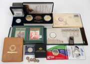 Remainder lot of coins, medallions, and PNCs, including 1966 round 50c, 1975 Wedgwood commemorative pottery plaque engraved "Etruria 1789, Old Sydney Town Heritage Park Somersby", 1977 "Test Cricket Centenary" PNC, 1977 "First Solo Flight Across The Atlan