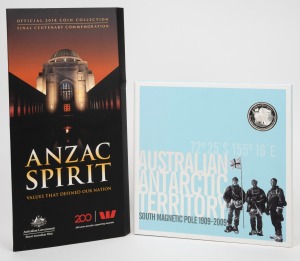 AUSTRALIAN ANTARCTIC TERRITORY: RAM/AUSPOST "South Magnetic Pole 1909-2009" $5 36.1g silver proof, limited edition 168/500, in collectable presentation folder, together with 2018 RAM/Legacy ANZAC Spirit 15-coin set in matching folder. (2 items)
