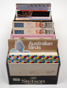 A shoebox packed tightly with 1980s-90s stamp packs; FV $470+, highest denomination $5.