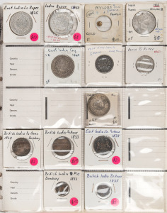 INDIA: 1833 - 1948 collection/accumulation in an album, which also includes a few later coins. Mainly silver, with values to 1 Rupee. Mixed condition, with many fine coins. (150+).
