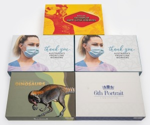 PROOF SETS: Group of coin sets in maker's boxes each with CoA, comprising 2020 "6th Portrait" six-coin set, 2022 "Australian Dinosaurs" four-coin set, 2022 "Australia's Frontline Workers" six-coin set (x2), and 2023 "100 Years Of Happy Little Vegemites" six-coin set. (5 items)