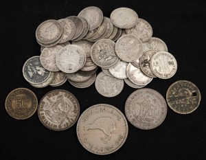 Threepence: Group of forty-one 1910-44 types, together with eight 1947-64 types, plus five foreign coins of similar vintage. (54 items)