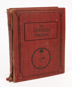 "The Universal Stamp Album" (dilapidated) circa 1942, with a range of World stamps; noting Australia and New South Wales, Queensland, South Australia, Victoria, Great Britain, India, Japan, Papua, and USA, etc. Mixed condition.