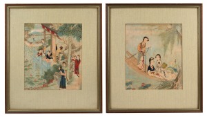 Two framed vintage Chinese paintings on silk, 19th/20th century. Note: Glass damaged. ​​​​​​​41 x 36cm each overall.