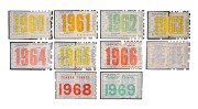 GEELONG: Complete set of 1960s member's season tickets (1960-69, including 1963 Premiership year), all with list of fixtures and holes for each game attended; the 1969 ticket bears a low member number of 20. (10 items) - 2