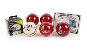 SIGNED CRICKET BALLS: Group of six c. 2000s balls, signed by Ian Botham (England), Darren Gough (England), Mitch Johnson (Australia), Brett Lee (Australia), Muttiah Muralitharan (Sri Lanka), and Mark Waugh (Australia).