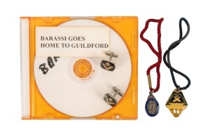 Ian McDonald's Victorian Football League membership fob, in sterling silver and blue enamel, by K.G. Luke, also his VFL press fob, numbered 49 on reverse, his VFL cufflinks, and a DVD titled "Barassi Goes Home To Guildford". (5 items)