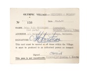 1956 MELBOURNE OLYMPIC VILLAGE PASSES: Ballarat Olympic Village commandant F.H. Christison's personal pass to the Heidelberg and Ballarat Villages, together with three passes specifically to the Heidelberg Village, plus commandant Christison's Lake Wendou